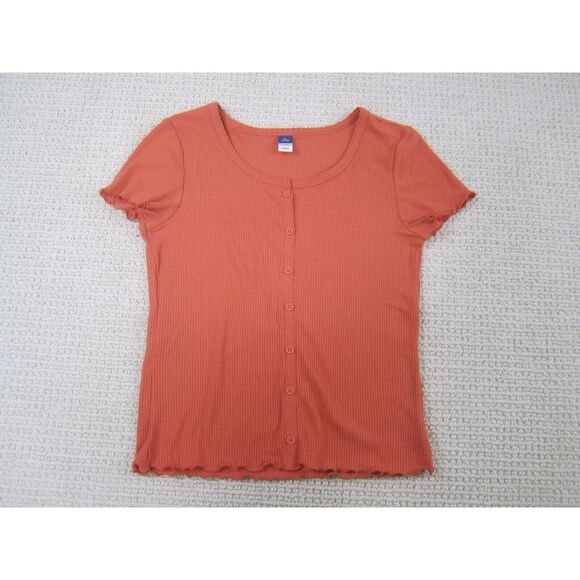 Old Navy Shirt Womens Teens XL 14-16 Orange Ribbed Short Cap Sleeve Button Up‎ - Picture 1 of 8
